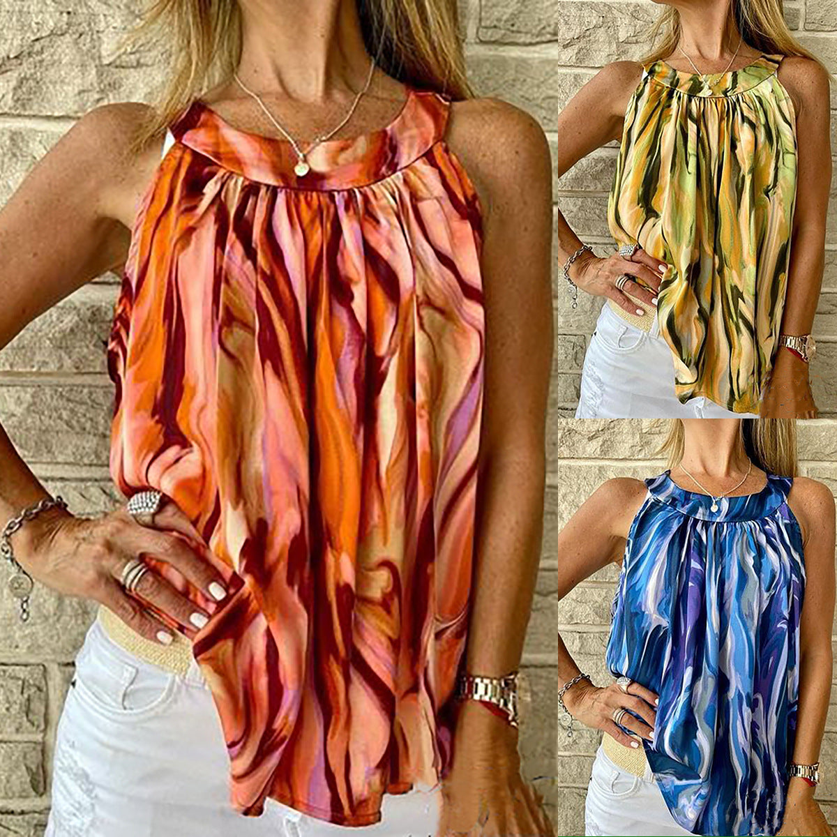 One Button Elegance Sleeveless Round Neck Printed Top
