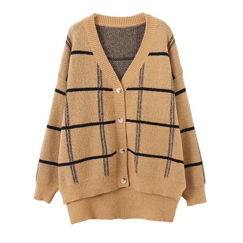 Large Check Loose Long Sleeve Sweater Jacket