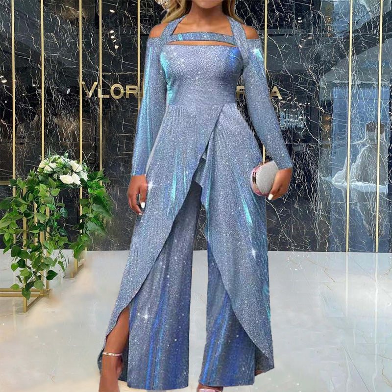 European And American Fashion Sequined Long Skirt Diagonal Mid-waist Temperament Commute Jumpsuit