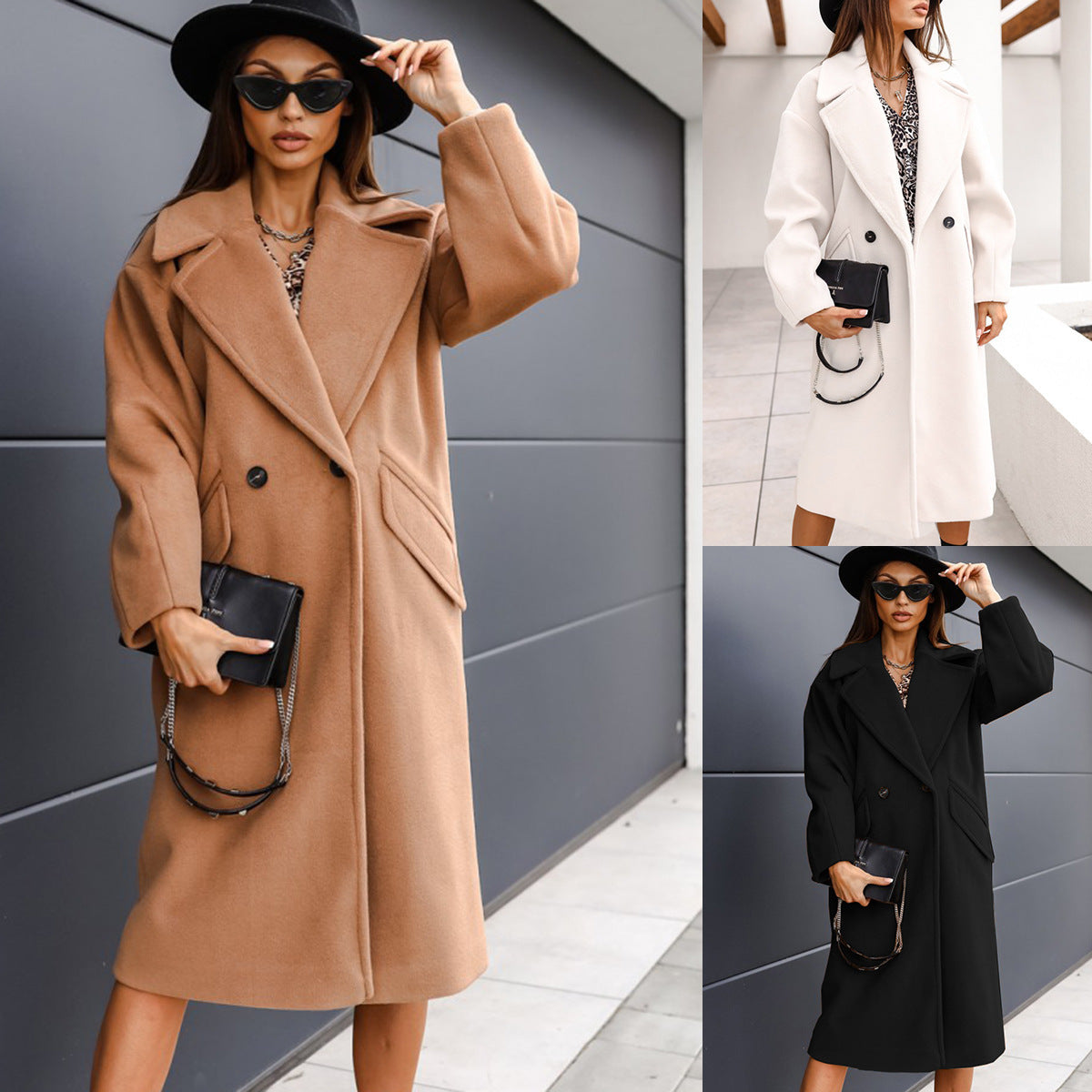 Double-breasted Suit Collar Solid Color Long Woolen Outer