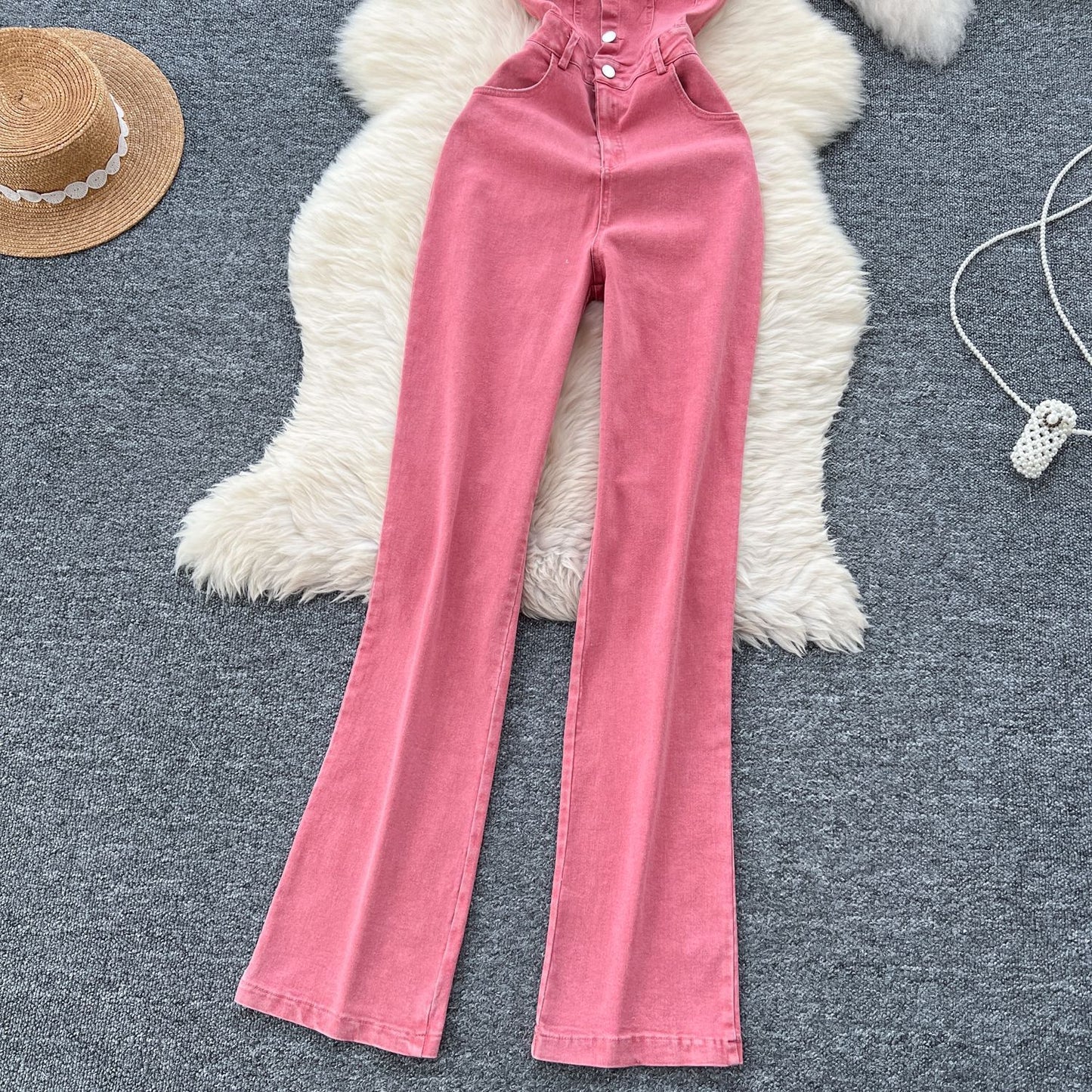 Single-breasted High Waist Slimming Slim Fit Backless Denim Jumpsuit