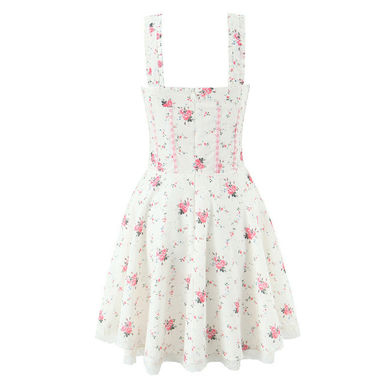 Summer Heart-shaped Pocket Fishbone Girdle Rose Printing Slip Dress