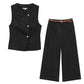 Linen Blend Double Breasted Vest Top With Belt Linen Blend Wide Leg Pants