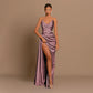 Womens Deep-V Waist-Cinching Satin Split Dress