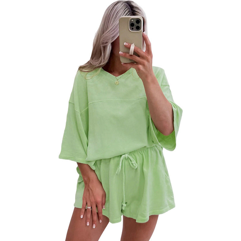 Spring And Summer New Solid Color Short Sleeve Two-piece Set