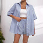Womens Fashion Lapel-Neck Striped Short-Sleeve Shorts Set
