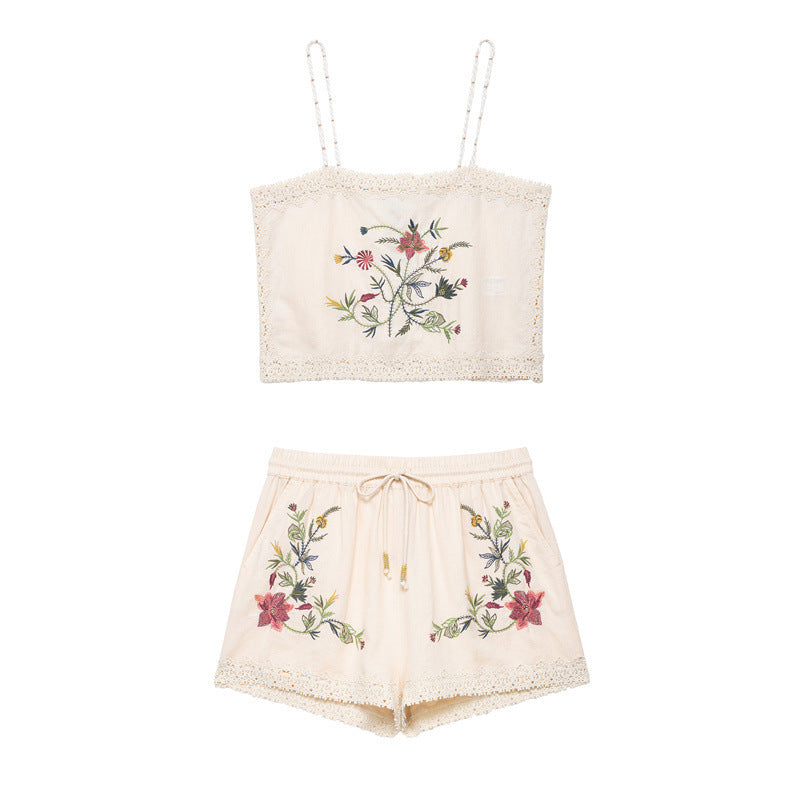 Embroidered Top Casual Shorts Suit