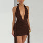 Fashionable Waterdrop-Decorated Ribbon Sexy Backless V-Neck Halter Bodycon Dress