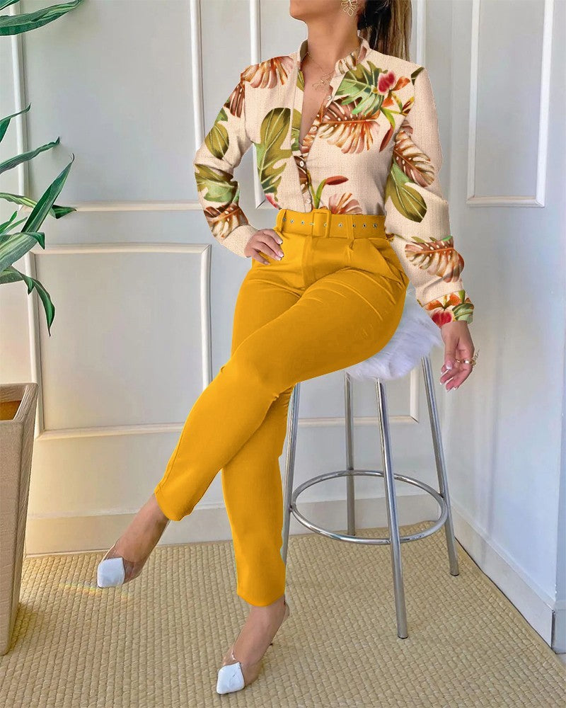 Ensemble chemise à manches longues et pantalon à ceinture pour femme, imprimé numérique