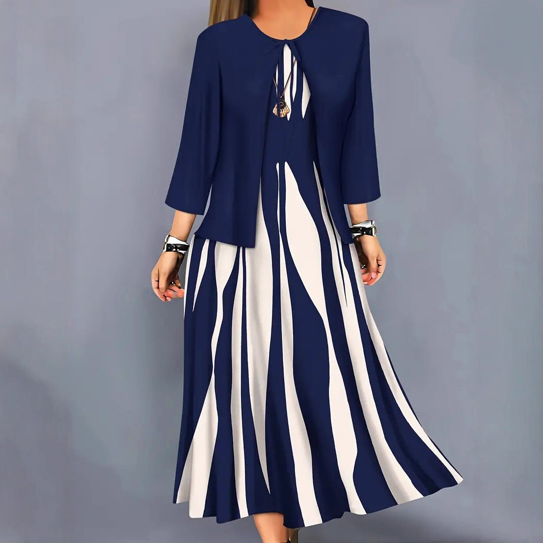 Geometric Print Plus Size Dress Long Sleeve Top Coat Long Skirt Two-piece Set