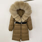 Women's Long Cinched Hoodie Real Fox Fur Collar Coat