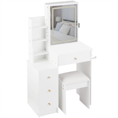 29.2 Small Size Left Bedside Cabinet Vanity Table   Cushioned Stool, 2 AC  2 USB Power Station, Hair Dryer Bracket  Extra Large Touch Control Sliding LED Mirror, Tri Color Switching, Brightness Adjust