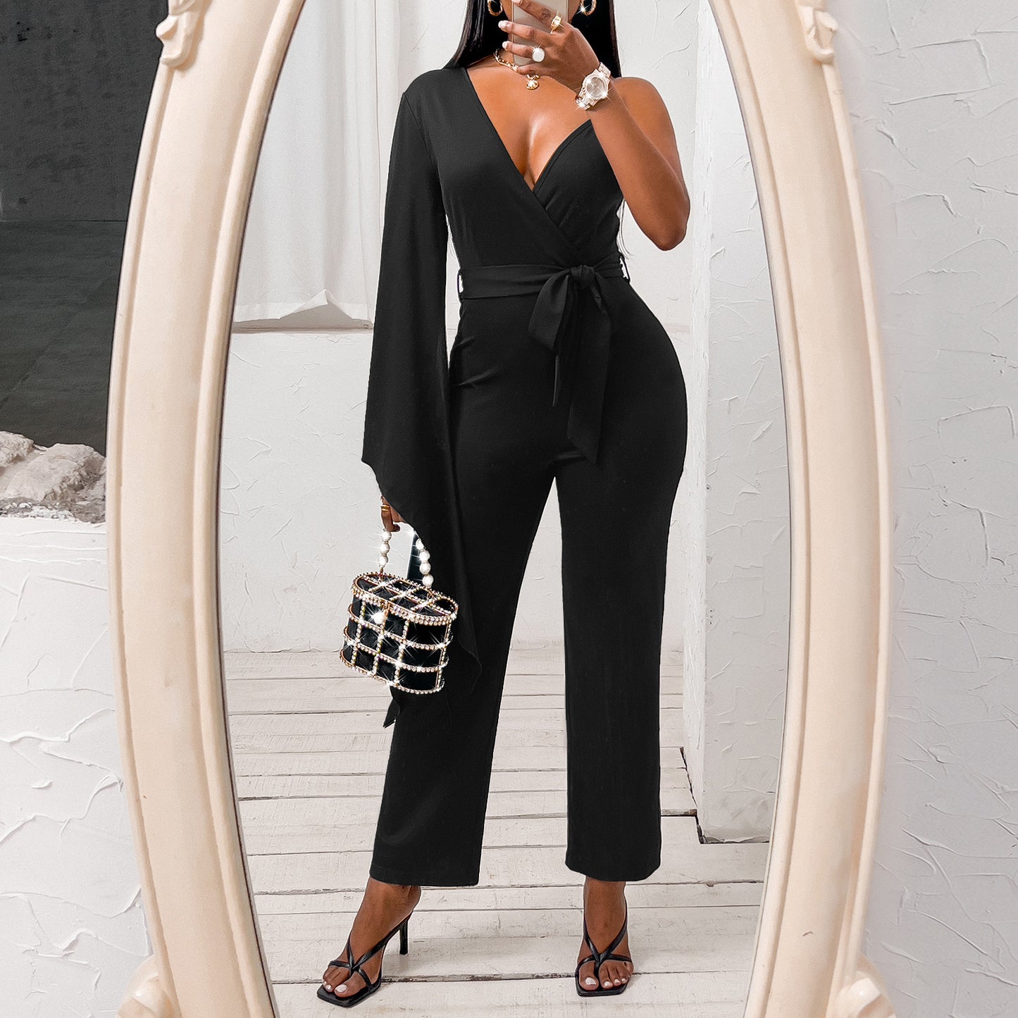 European And American Women's V-neck Jumpsuit Nine-point Pants