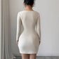 One-shoulder Slim-fit Long-sleeved Knitted Dress With A Body-hugging Silhouette