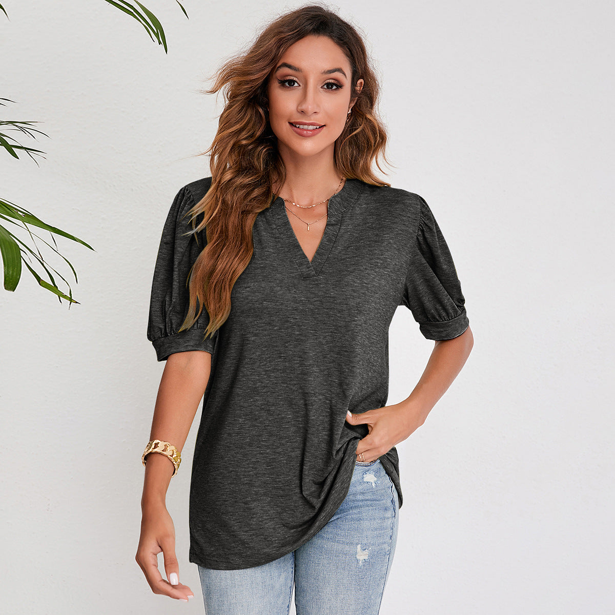 Women's Top Casual V-Neck Solid Color Puff Sleeves