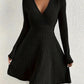 Elegant Long-sleeved Solid-color V-neck Waist-cinching Dress