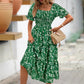 Printed Square Collar Waist-tight Puff Sleeve Layered Dress
