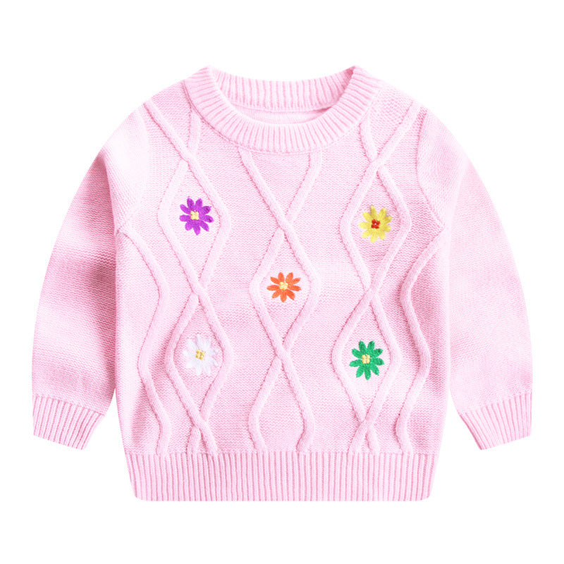 New Girls' Embroidered Flower Sweater Round Neck Children's Sweater 7-needle Single-layer Knitted Jacket