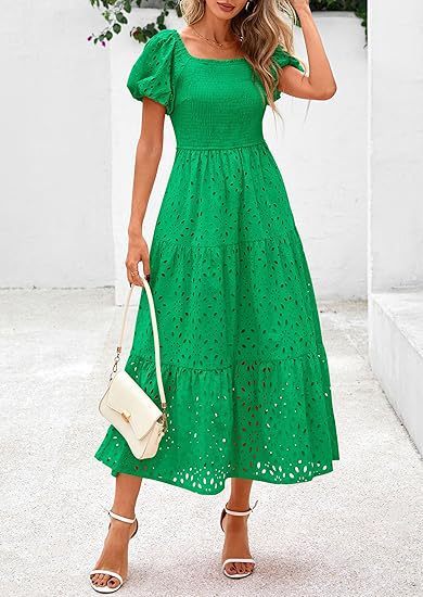 Square Collar Puff Sleeve Pleating Mesh Short Sleeve Dress