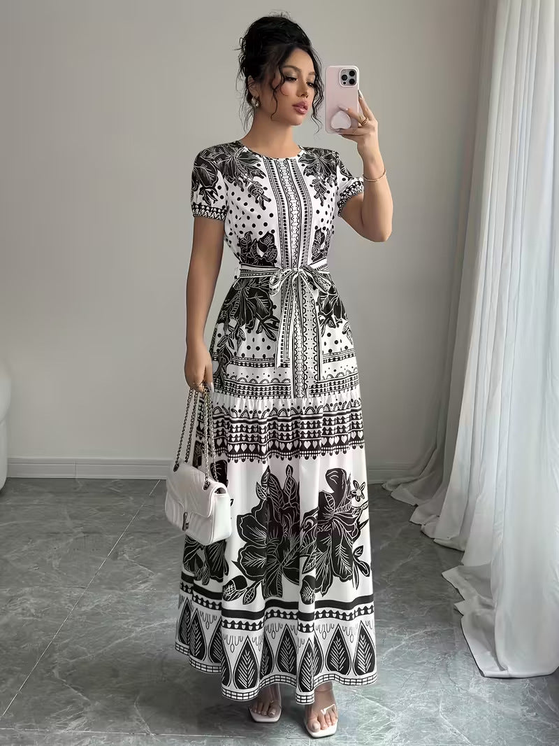 Womens Printed Elegant Simple Lace-up Round-neck Dress