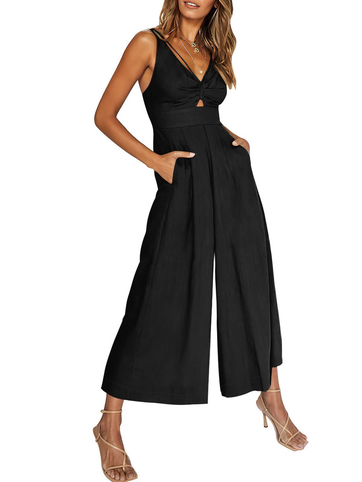 Combinaison d'été à col en V et bretelles ajourées, plissée, taille haute, jambes larges, poches pour femmes