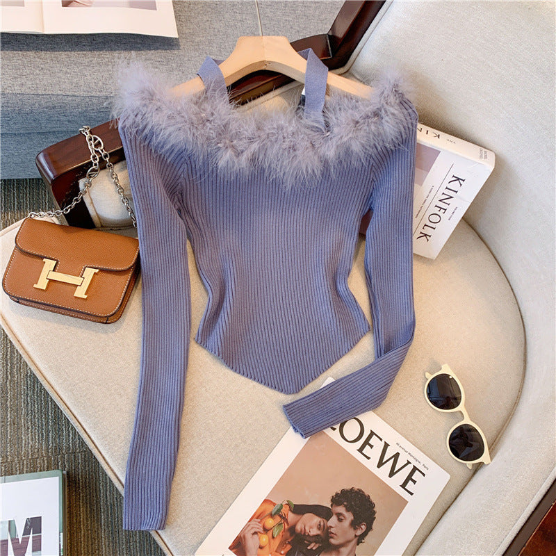 Super Fairy Fur Collar Off-shoulder Sweater Women's Design Sense Niche Off-shoulder Slim Top