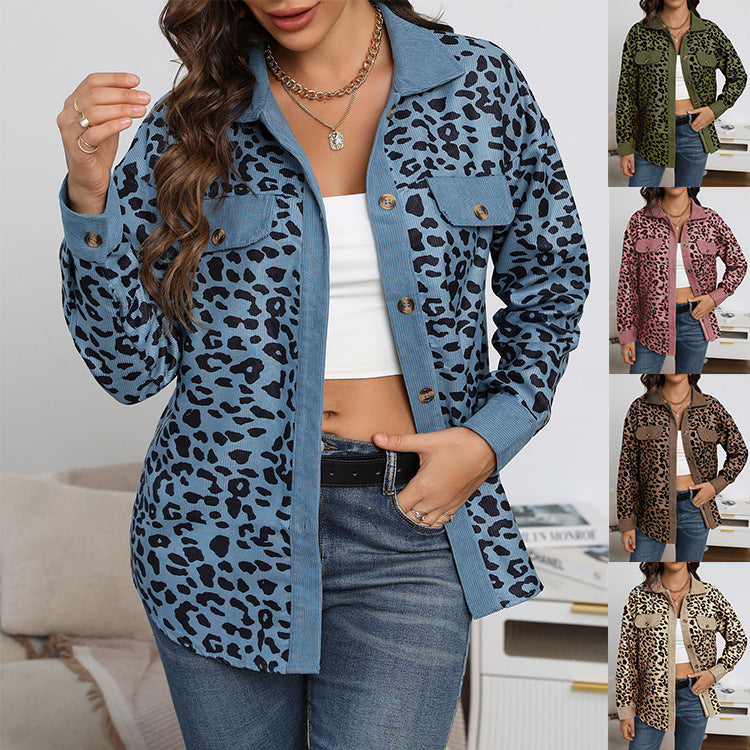 Fashion Leopard Print Corduroy Button Long Sleeve Coat For Women