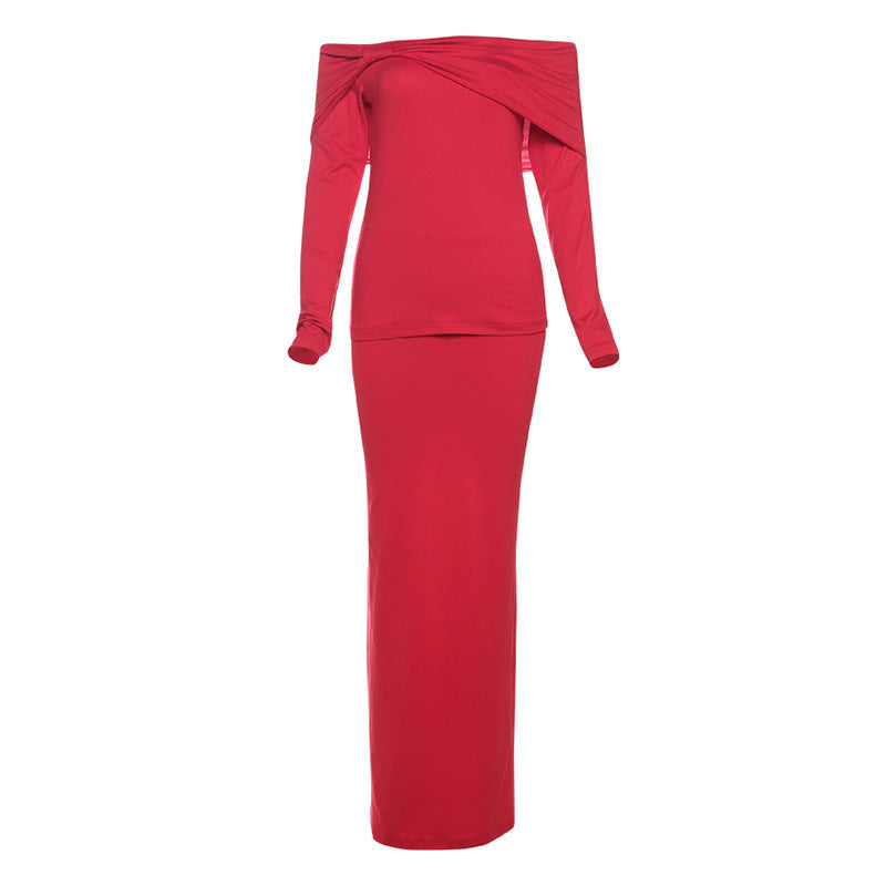 Women's Off-shoulder Collar Long Sleeve Off-shoulder Split Dress