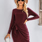 Round Neck Long Sleeve Solid Color Knot Dress
