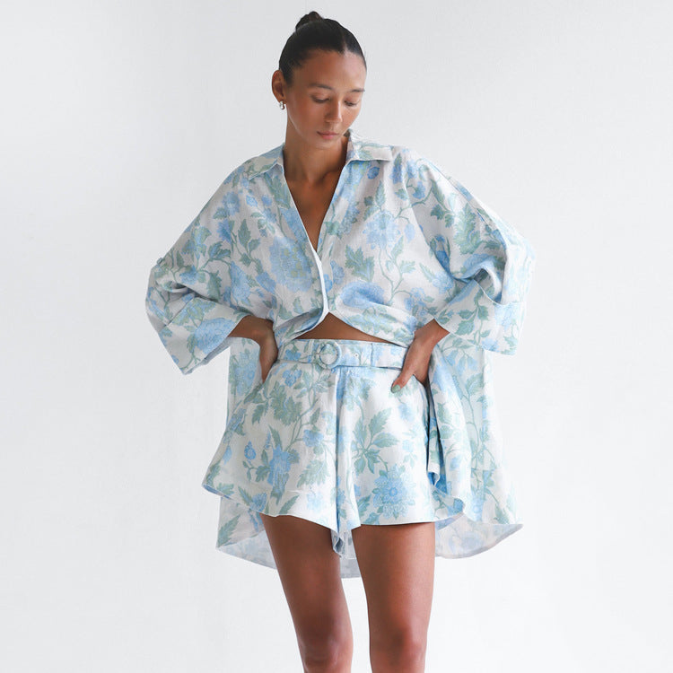 Women's Casual Wear Loose Long Shirt High Waist Shorts With Belt Two-piece Set