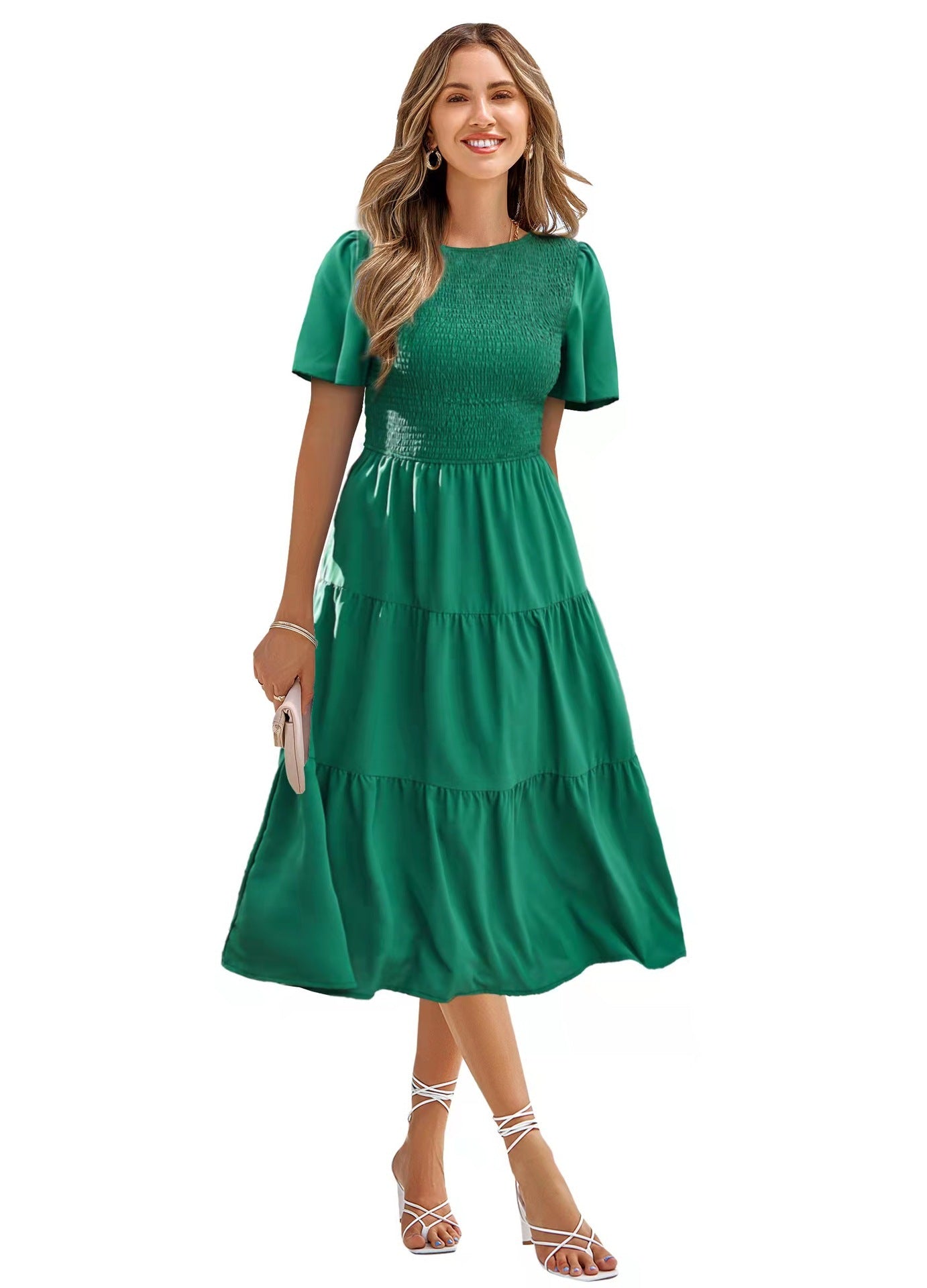 Robe de vacances à smocks et col rond, printemps et été