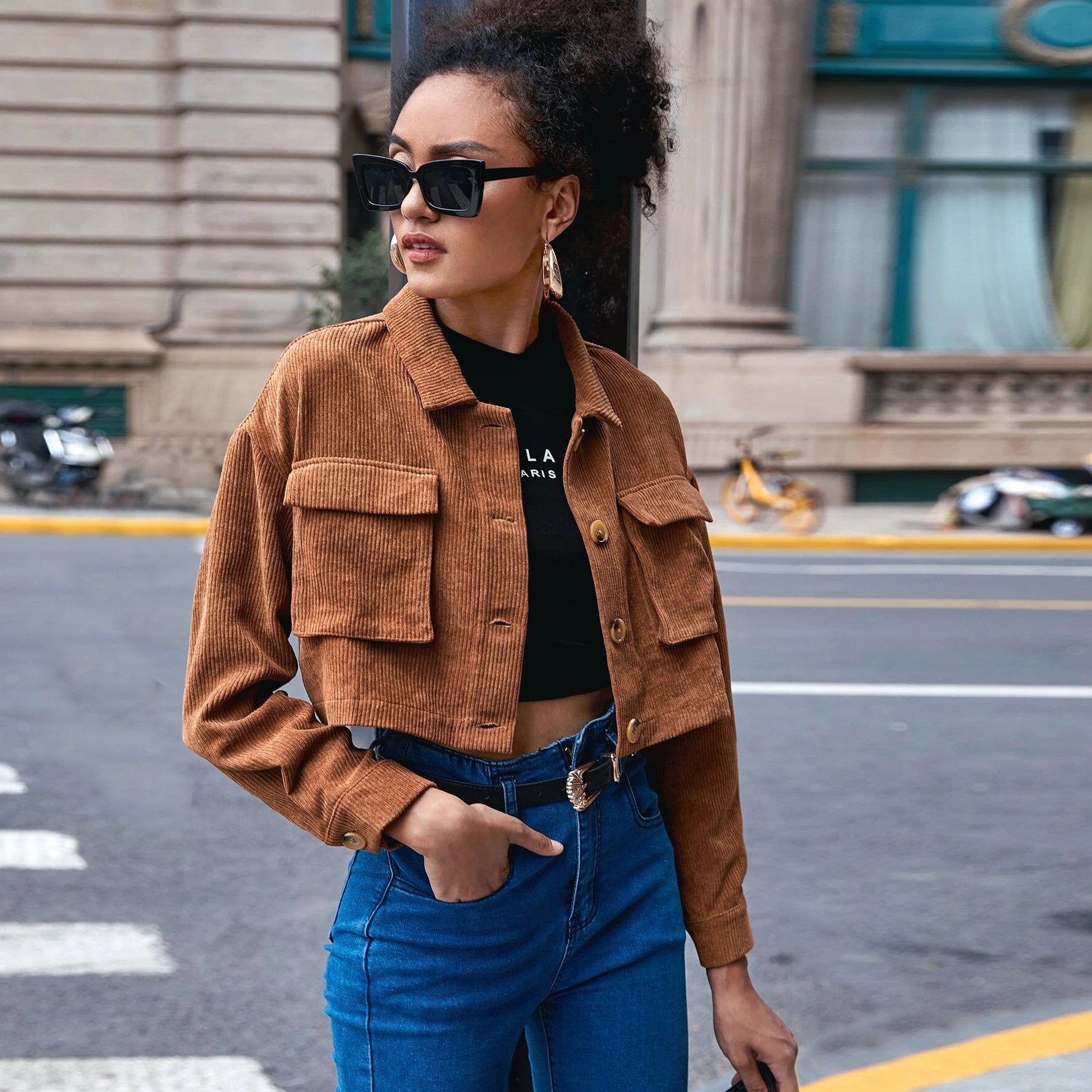 Corduroy Loose Short Long Sleeve Small Coat