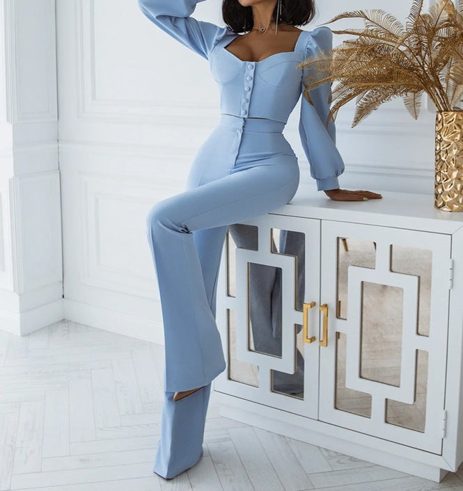 Costume décontracté style palais avec haut à manches évasées et pantalon à pattes d'éléphant