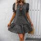 Plaid Drawstring Puff Sleeve Bohemian Dress