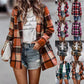 Women's Loose Printed Checks Long Sleeve Pocket Woolen Coat Cardigan Top