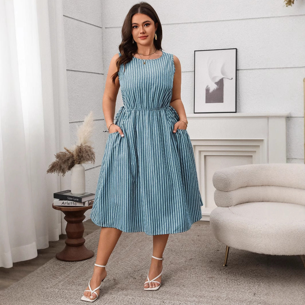 Contrast Color Striped Sleeveless Pocket Fashion Dress