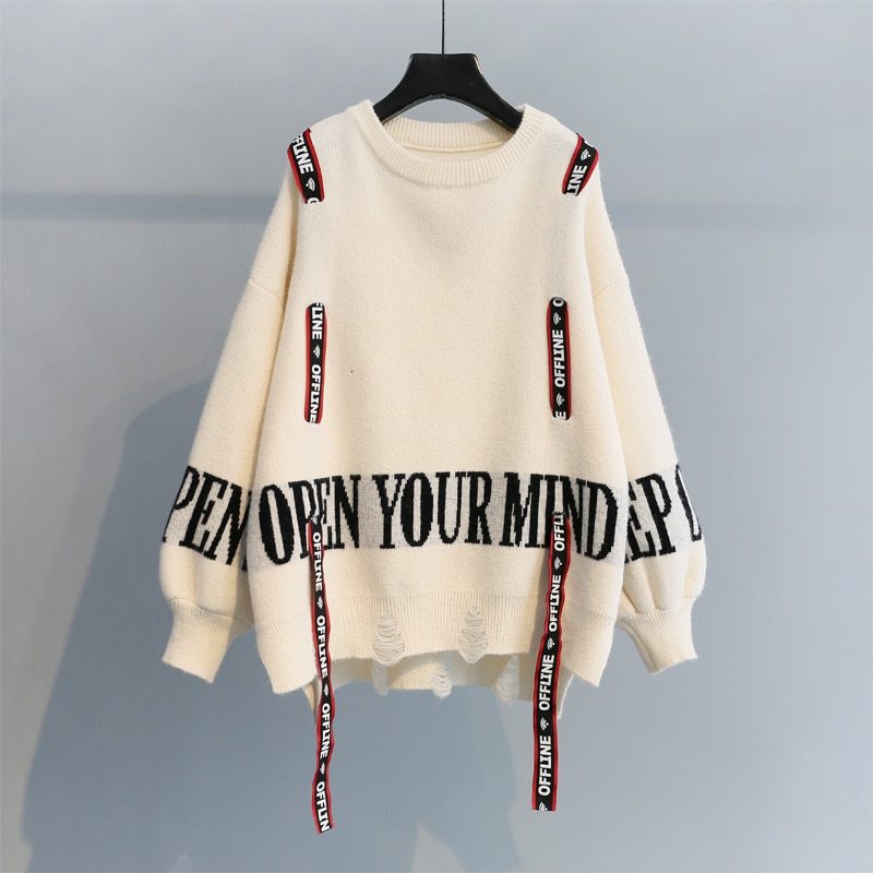 Turtleneck sweater letter holes