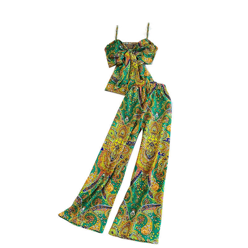 Bow-tie V-neck Vest With High-waisted Figure-flattering Wide-leg Pants