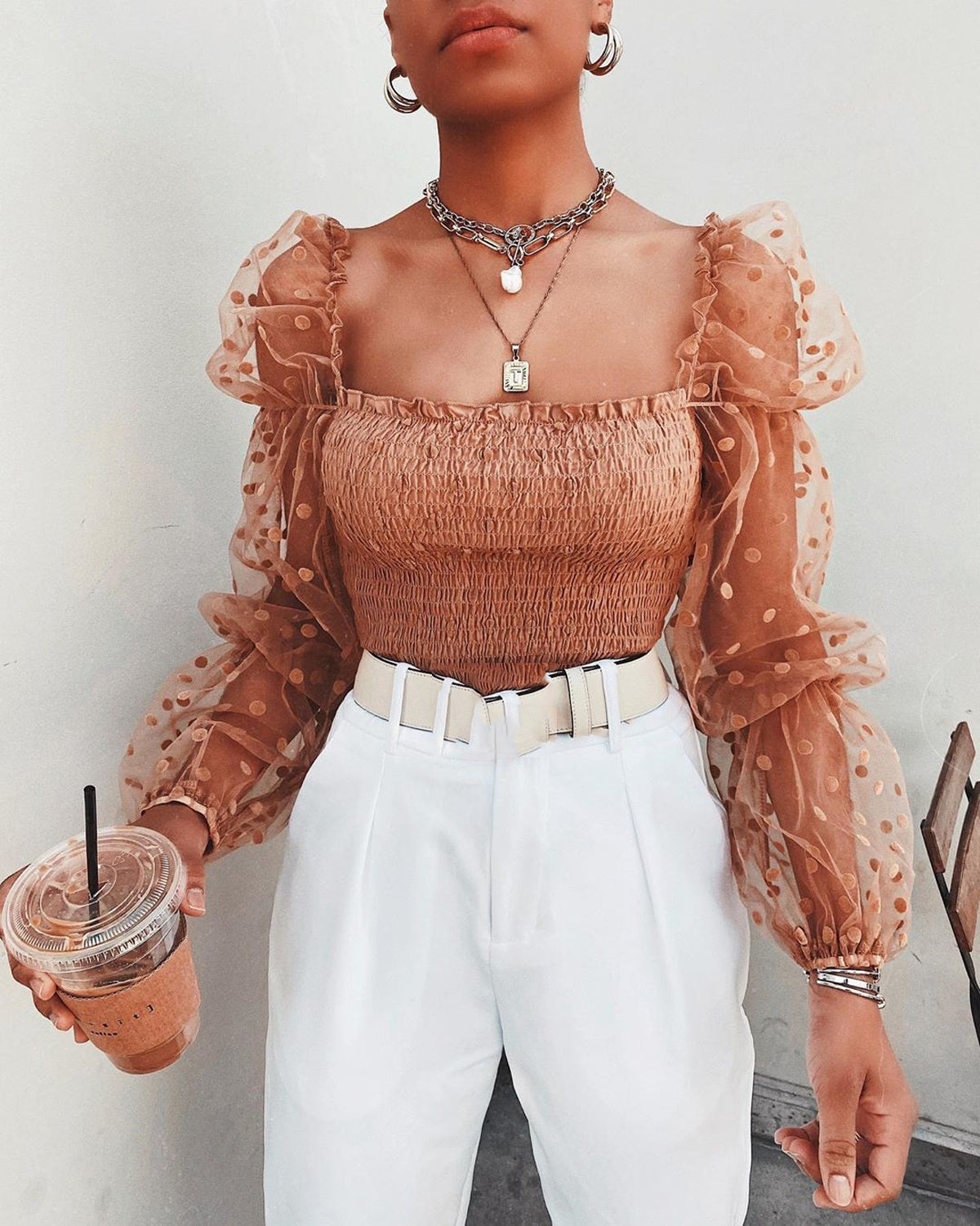 Mesh puff sleeve off-the-shoulder top
