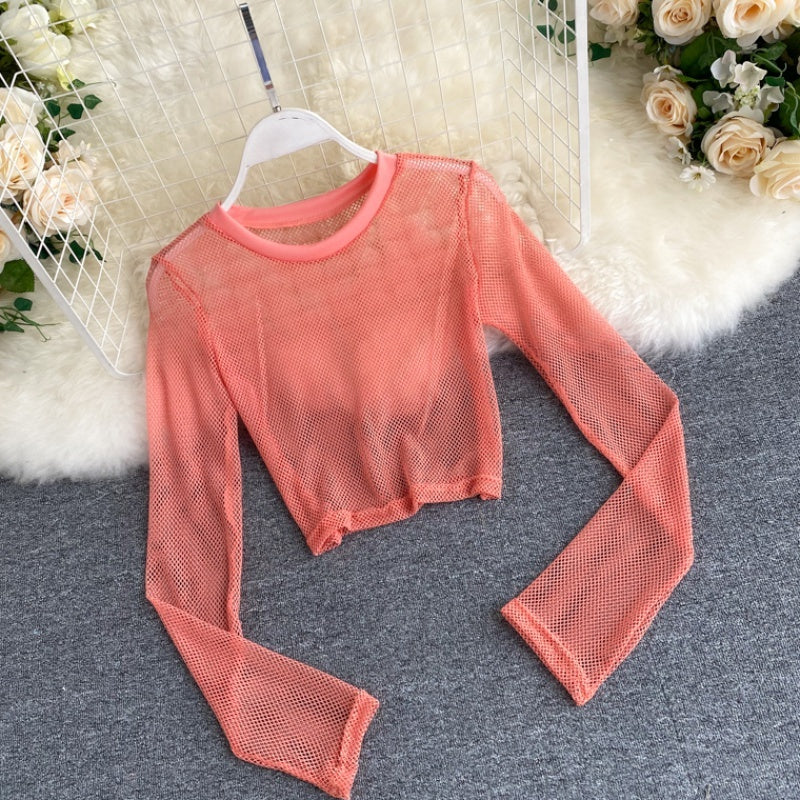 See-through Mesh Hollow Solid Color Pullover Long Sleeve