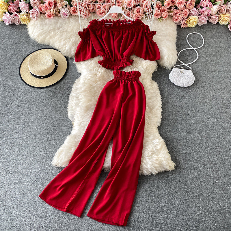 One-shoulder Off-the-shoulder Top High-waisted Wide-leg Pants Two-piece Suit