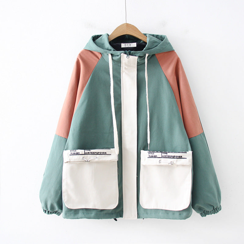 Contrasting hooded loose and thin student casual jacket