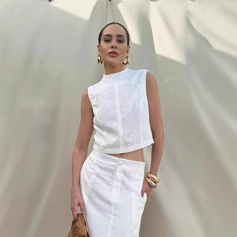 White Cotton Linen Sleeveless Stand Collar Top Slit Loose Long Skirt Two-piece Set