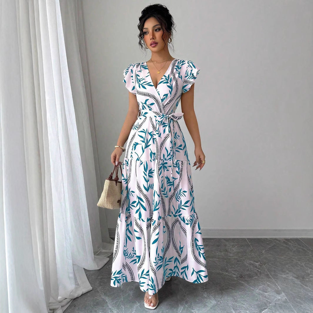 Lace-up Floral Short-sleeve Frilly Elegant A-line Skirt