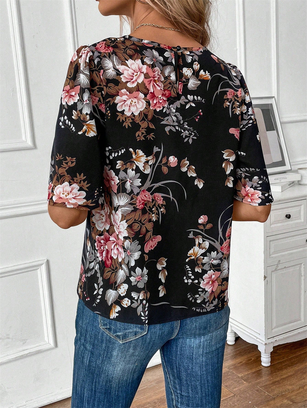 Ladies New Floral Print Short Sleeve Shirt