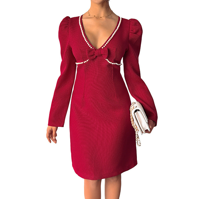 Sweet Retro Bow Pearl Decoration Deep V-neck Red Dress