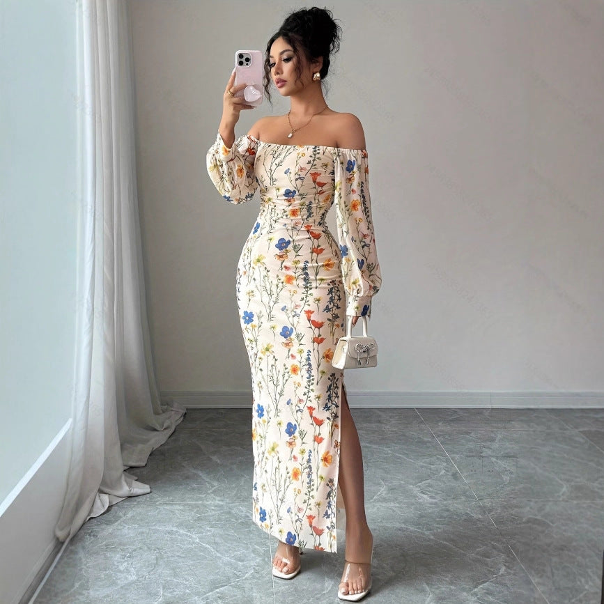 Elegant Off-the-shoulder Floral Branch-print Dress For Women
