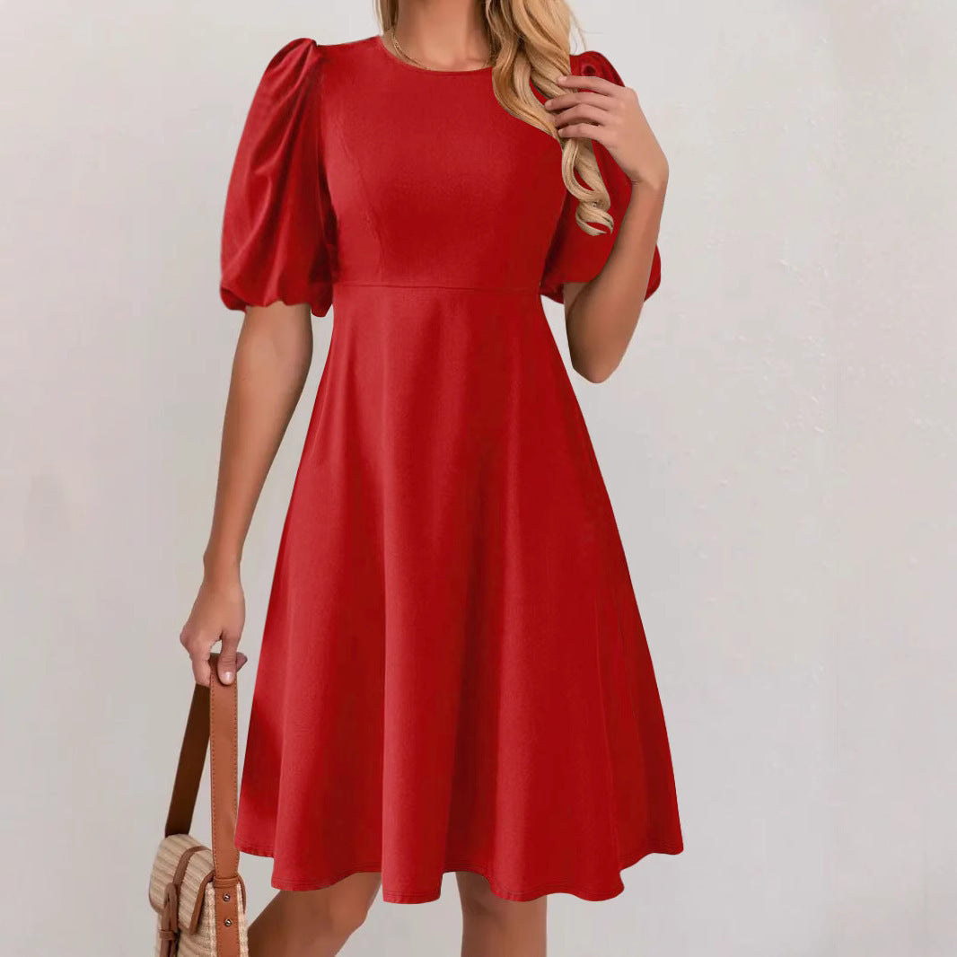 Solid-color Casual Crew-neck Puffed-sleeve Dress For Women