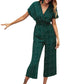 Women's printed V-neck pocket overalls