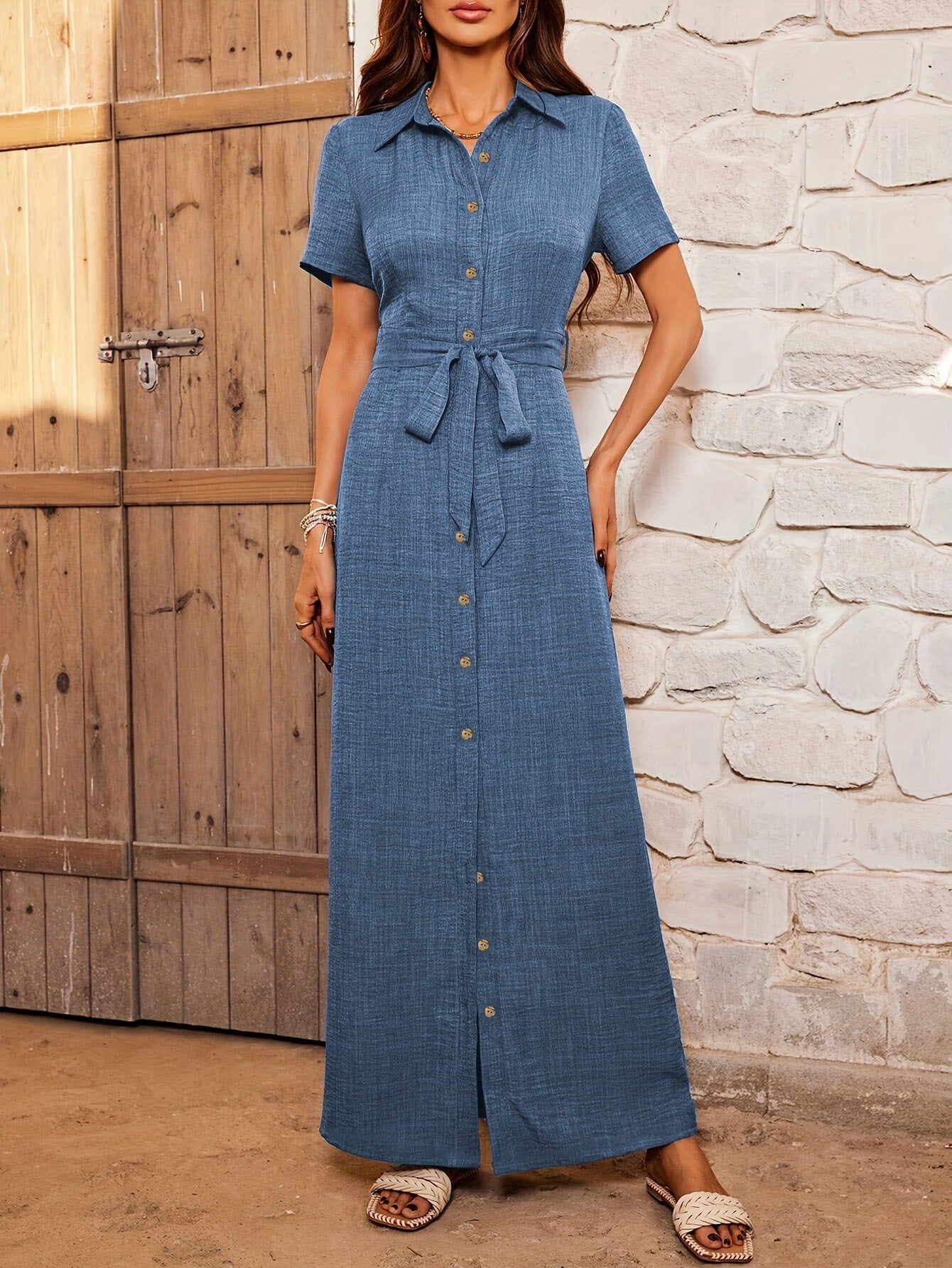 Women's Lapel Dress Cardigan Button Belt Decorated Dress